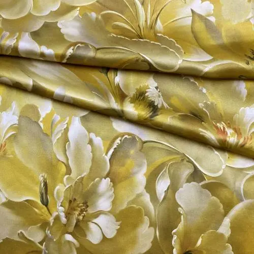 Ткань Платьевая  горчично-золотистого цвета с принтом цветы  29398