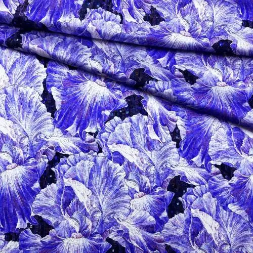 Атласная тканьный Шёлк синего цвета с принтом  цветы, мозаика  46431