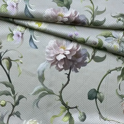 Ткань Шёлк серо-бежевого цвета с принтом  цветы чайной розы 46460