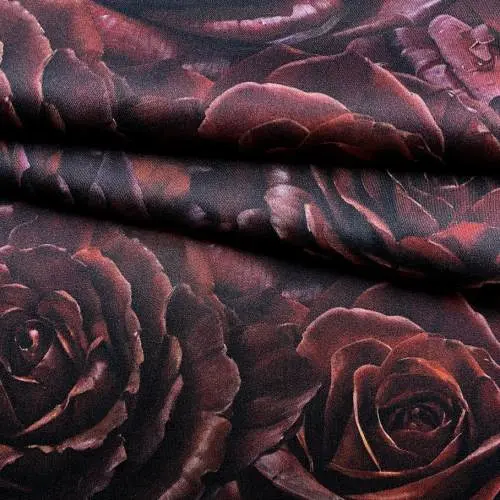Ткань Шёлк атласный  чёрного цвета с принтом  бордовые розы 46506