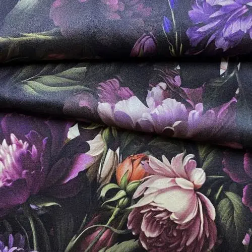 Ткань Шёлк атласный чёрного цвета с принтом фиолетовые  цветы 46504