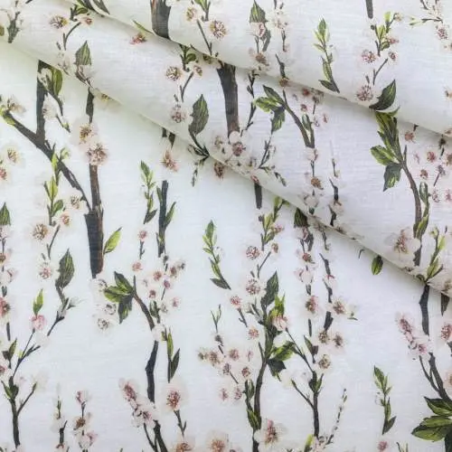 Ткань Муслин белого цвета с принтом  яблоневые  цветы 16737