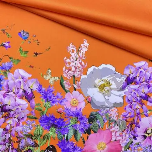 Ткань Хлопок оранжевого цвета с принтом полевые цветы 16758