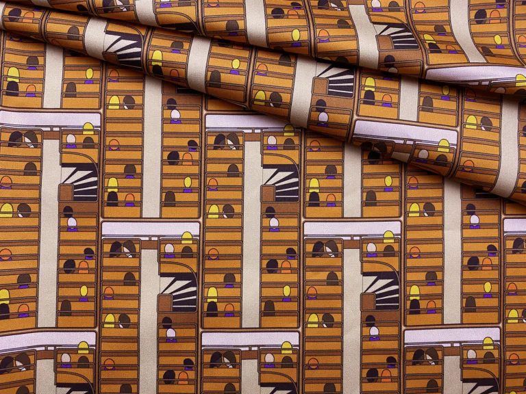 Ткань Хлопок  цвета охра с принтом люди в автобусе  14128
